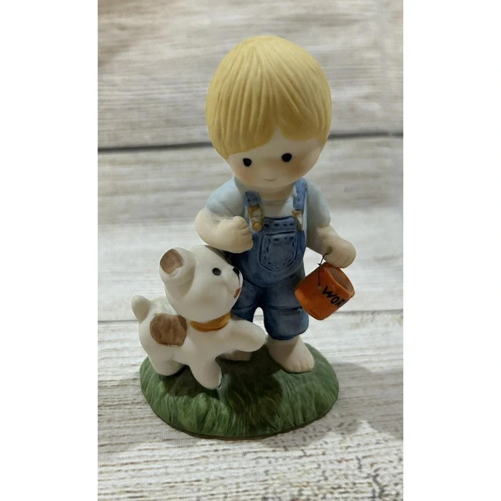 Vintage Enesco Country Cousins Scooter Dog Bucket of Worms Missing Fishing Pole